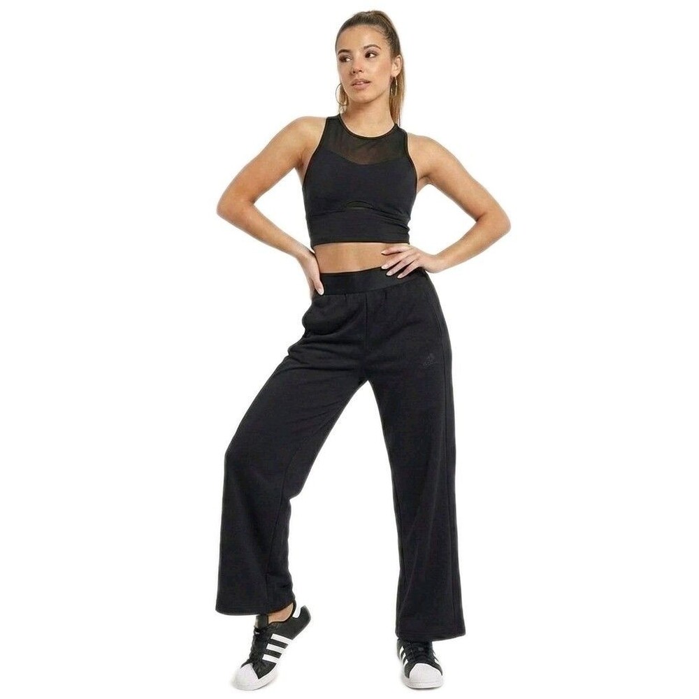 Adidas Womens M Active Wide Leg Track Pants Stretchy High Waist Zip Pocket Black